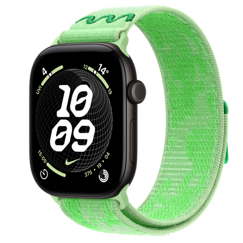 Apple Watch Series 12 GPS + Cellular, 46mm Black Aluminium Case with Green Spark Nike Sport Loop