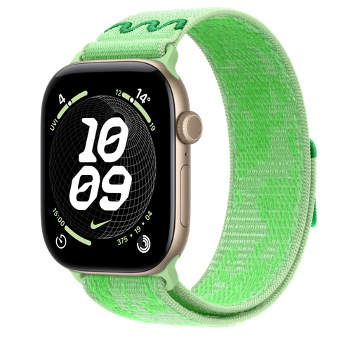 Apple Watch Series 12 GPS, 46mm Light Gold Aluminium Case with Green Spark Nike Sport Loop