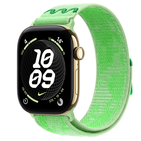 Apple Watch Series 12 GPS + Cellular, 46mm Radiant Gold Titanium Case with Green Spark Nike Sport Loop