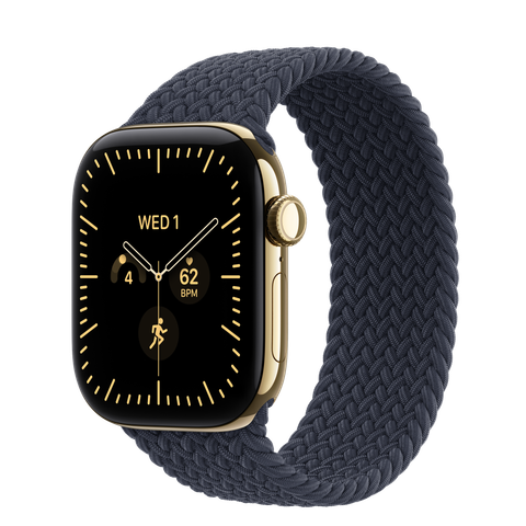 Apple Watch Series 12 GPS + Cellular, 42mm Radiant Gold Titanium Case with Navy Blue Braided Solo Loop