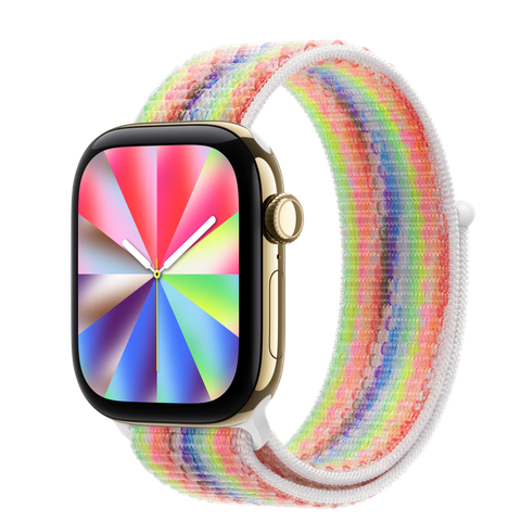 Apple Watch Series 12 GPS + Cellular, 42mm Radiant Gold Titanium Case with Pride Edition Sport Loop