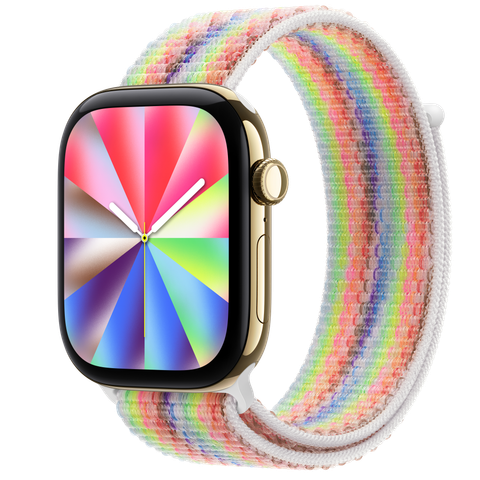 Apple Watch Series 12 GPS + Cellular, 46mm Radiant Gold Titanium Case with Pride Edition Sport Loop