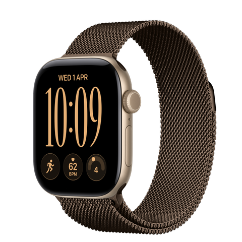 Apple Watch Series 12 GPS + Cellular, 42mm Light Gold Aluminium Case with Dark Bronze Milanese Loop
