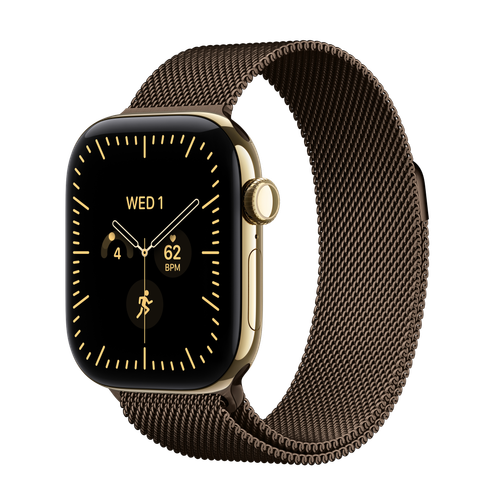 Apple Watch Series 12 GPS + Cellular, 42mm Radiant Gold Titanium Case with Dark Bronze Milanese Loop