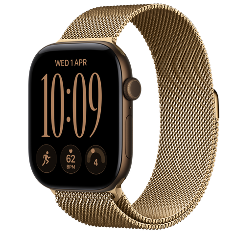 Apple Watch Series 12 GPS, 46mm Dark Bronze Aluminium Case with Radiant Gold Milanese Loop
