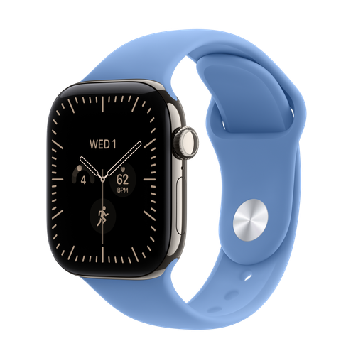 Apple Watch Series 12 GPS + Cellular, 42mm Natural Titanium Case with Wildflower Blue Sport Band