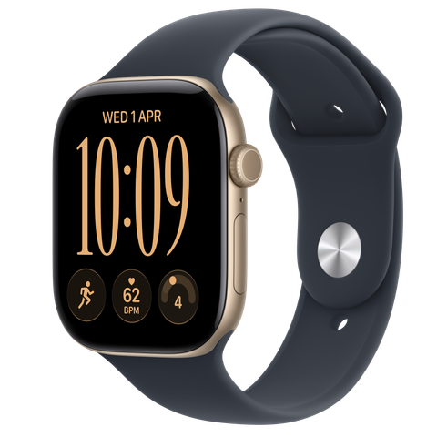 Apple Watch Series 12 GPS + Cellular, 46mm Light Gold Aluminium Case with Navy Blue Sport Band