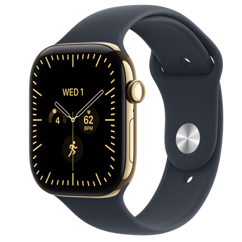 Apple Watch Series 12 GPS + Cellular, 46mm Radiant Gold Titanium Case with Navy Blue Sport Band