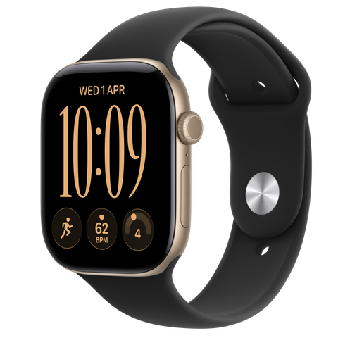 Apple Watch Series 12 GPS + Cellular, 46mm Light Gold Aluminium Case with Black Sport Band