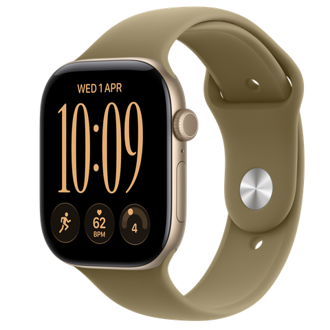 Apple Watch Series 12 GPS + Cellular, 46mm Light Gold Aluminium Case with Olive Sport Band