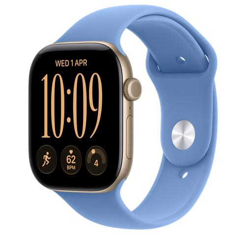 Apple Watch Series 12 GPS + Cellular, 46mm Light Gold Aluminium Case with Wildflower Blue Sport Band