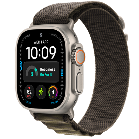 Apple Watch Ultra 4 GPS + Cellular, 49mm Natural Titanium Case with Dark Olive Alpine Loop