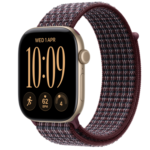 Apple Watch Series 12 GPS, 46mm Light Gold Aluminium Case with Burgundy Plaid Sport Loop