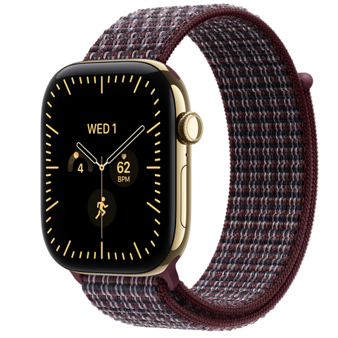 Apple Watch Series 12 GPS + Cellular, 46mm Radiant Gold Titanium Case with Burgundy Plaid Sport Loop