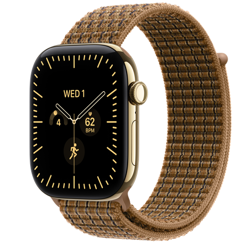 Apple Watch Series 12 GPS + Cellular, 46mm Radiant Gold Titanium Case with Light Umber Plaid Sport Loop