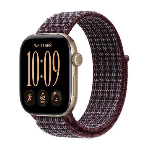 Apple Watch Series 12 GPS + Cellular, 42mm Light Gold Aluminium Case with Burgundy Plaid Sport Loop