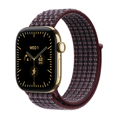 Apple Watch Series 12 GPS + Cellular, 42mm Radiant Gold Titanium Case with Burgundy Plaid Sport Loop