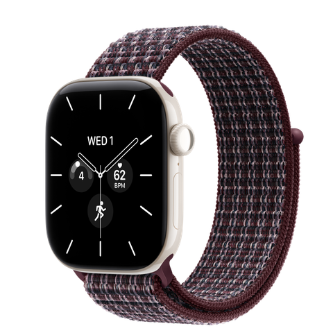 Apple Watch Series 12 GPS + Cellular, 42mm Pearl White Ceramic Case with Burgundy Plaid Sport Loop