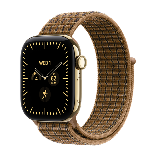 Apple Watch Series 12 GPS + Cellular, 42mm Radiant Gold Titanium Case with Light Umber Plaid Sport Loop
