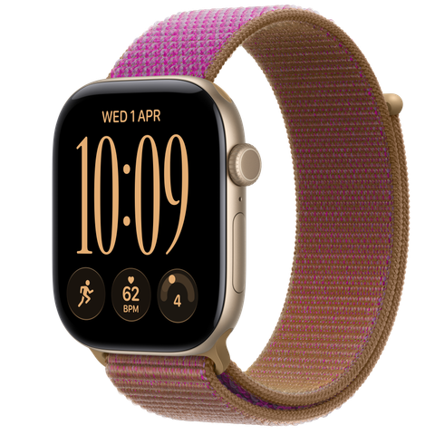Apple Watch Series 12 GPS + Cellular, 46mm Light Gold Aluminium Case with Magenta Sport Loop