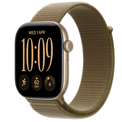 Apple Watch Series 12 GPS + Cellular, 46mm Light Gold Aluminium Case with Olive Sport Loop