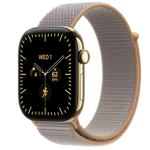 Apple Watch Series 12 GPS + Cellular, 46mm Radiant Gold Titanium Case with Chambray Blue Sport Loop