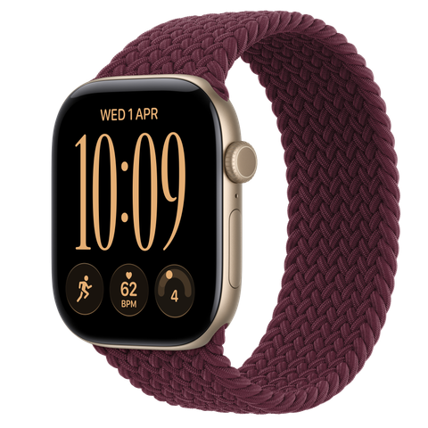 Apple Watch Series 12 GPS, 46mm Light Gold Aluminium Case with Burgundy Braided Solo Loop