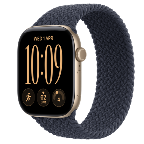 Apple Watch Series 12 GPS, 46mm Light Gold Aluminium Case with Navy Blue Braided Solo Loop