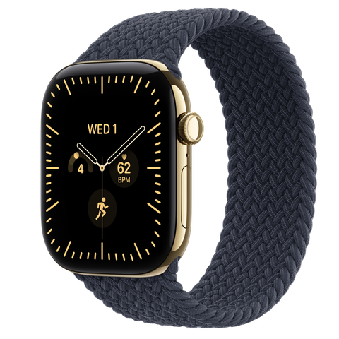 Apple Watch Series 12 GPS + Cellular, 46mm Radiant Gold Titanium Case with Navy Blue Braided Solo Loop